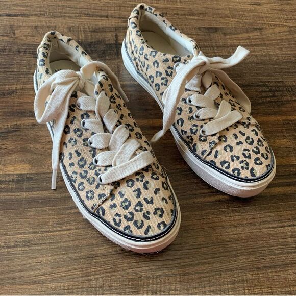 TOMS Lace Up Alex Leopard Print Lace Up Tan/Black Canvas Sneaker Shoes Size 6 - Picture 1 of 9